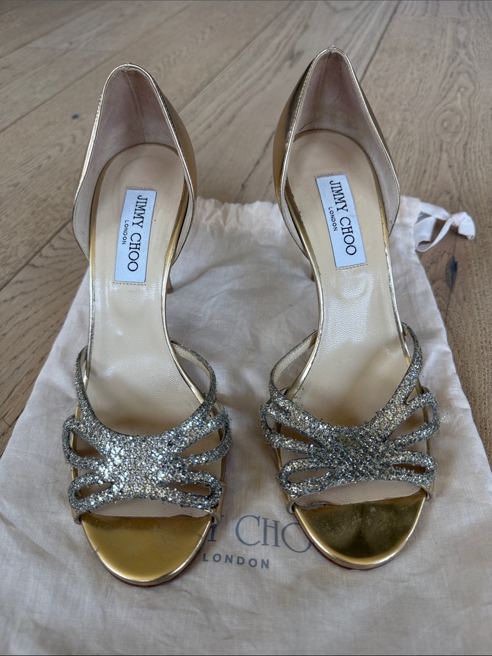 Jimmy Choo Gold Glitter Open-Toe Evening Heels